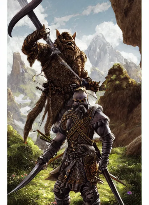 Image similar to strong young man, photorealistic bugbear ranger holding aflaming sword, black beard, dungeons and dragons, pathfinder, roleplaying game art, hunters gear, jeweled ornate leather and steel armour, concept art, character design on white background, by alan lee, norman rockwell, makoto shinkai, kim jung giu, poster art, game art