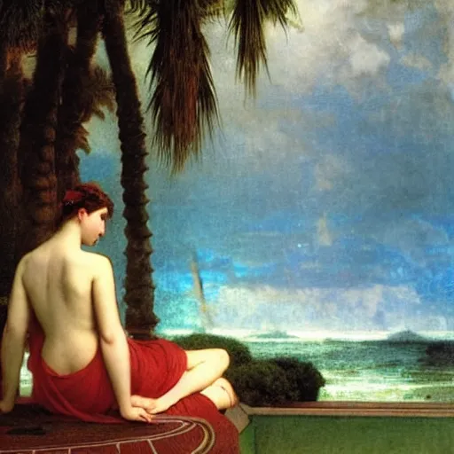 Image similar to Silhouette of two girls at the palace, thunderstorm, greek pool, beach and palm trees on the background major arcana sky, by paul delaroche, alphonse mucha and arnold böcklin arnold böcklin hyperrealistic 8k, very detailed