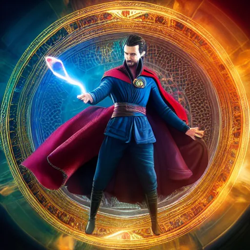 Image similar to full body pose, hyperrealistic photograph of doctor strange, dim volumetric lighting, 8 k, octane beautifully detailed render, extremely hyper detailed, intricate, epic composition, cinematic lighting, masterpiece, trending on artstation, very very detailed, stunning, hdr, smooth, sharp focus, high resolution, award, winning photo, dslr, 5 0 mm