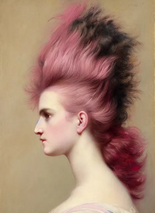 Image similar to a detailed portrait of woman with a mohawk by edouard bisson, year 1 8 9 0, pink hair, punk rock, oil painting, muted colours, soft lighting