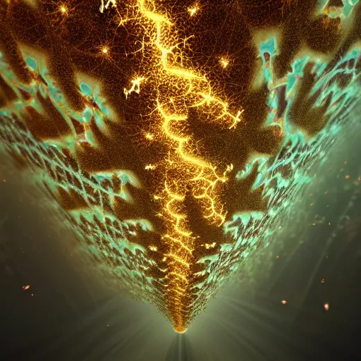 Image similar to Mandelbrot fractal by mycelium and gold dust radiating light, stunning photo, cinematic lighting, perfect composition, 8K, ultra-detailed , artstation, Octane render, Unreal Engine, highly detailed