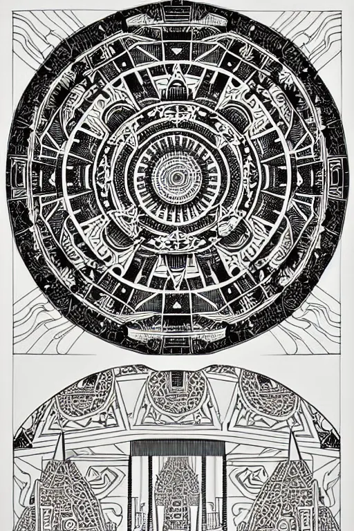 Image similar to a black and white drawing of an ancient temple mandala, a detailed mixed media collage by hiroki tsukuda and eduardo paolozzi and moebius, intricate linework, sketchbook psychedelic doodle comic drawing, geometric, street art, polycount, deconstructivism, matte drawing, academic art, constructivism