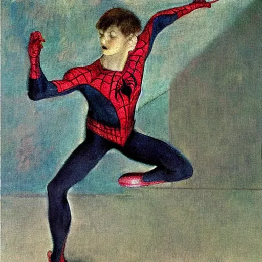 Prompt: Spiderman as a ballet dancer, painting by Edgar Degas