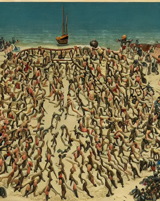 Prompt: the gigantic unconscious body of lemuel gulliver lies on a beach surrounded by hundreds of tiny lilliputians, some standing on him. gulliver is being tied to the beach with hundreds of robes being held down by the lilliputians, the scene is cinematic and hyperreal