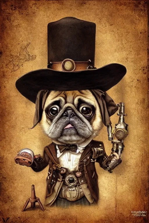 Prompt: old west pug, made of planks, magic realism, wild west steampunk, mysterious, vivid colors, by mark ryden, tom bagshaw, trevor brown