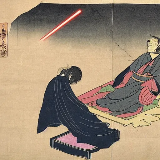 Prompt: ancient japanese watercolour of a darth sidious shooting lightning from his fingers at luke skywalker. Luke Skywalker is writhing on the ground in agony and begging darth vader to help.