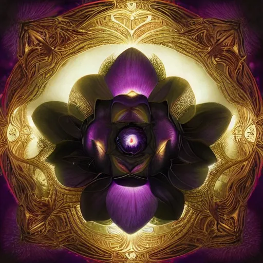 Image similar to a beautiful and detailed illustration of a black lotus with fractal fibonaucci sequence of glowing purple petals, in the style of magic the gathering, highly detailed, digital painting, god rays, volumetric lighting, octane render, 4 k resolution, art by artgerm and greg rutkowski and alphonse mucha, masterpiece, in a luminist baroque style