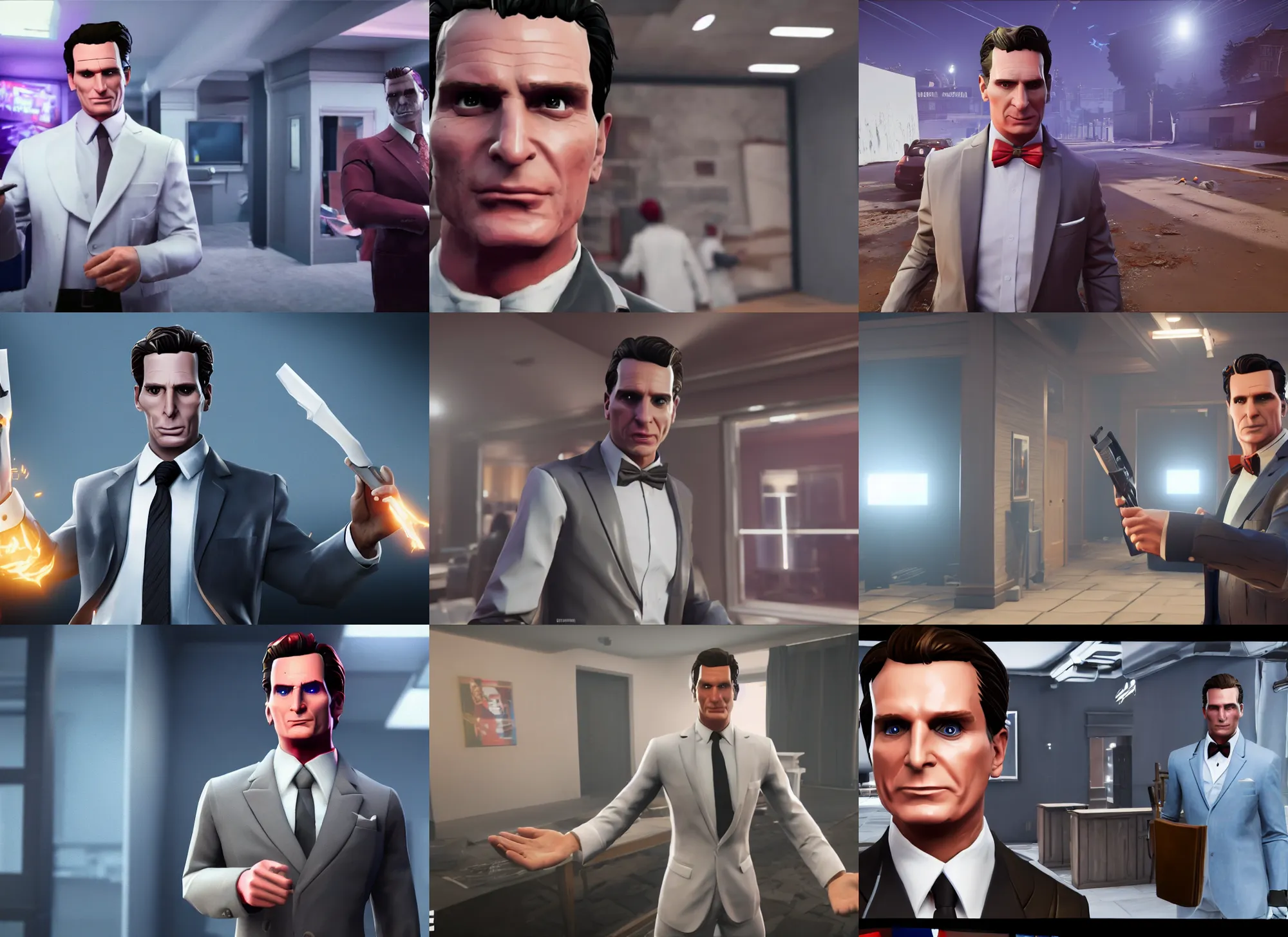 Prompt: patrick bateman as a fortnite character, in game screenshot, 4 k, unreal engine, gameplay video