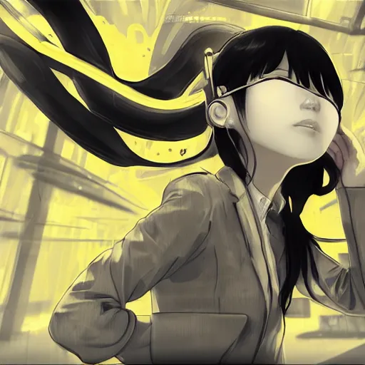 Image similar to Frequency indie album cover, luxury advertisement, yellow filter, white and gray colors. Clean and detailed post-cyberpunk sci-fi close-up schoolgirl in asian city in style of cytus and deemo, blue flame, relaxing, calm and mysterious vibes, by Tsutomu Nihei, by Yoshitoshi ABe, by Ilya Kuvshinov, by Greg Tocchini, nier:automata, set in half-life 2, Matrix, GITS, Blade Runner, Neotokyo Source, Syndicate(2012), dynamic composition, beautiful with eerie vibes, very inspirational, very stylish, with gradients, surrealistic, dystopia, postapocalyptic vibes, depth of field, mist, rich cinematic atmosphere, perfect digital art, mystical journey in strange world, beautiful dramatic dark moody tones and studio lighting, shadows, bastion game, arthouse