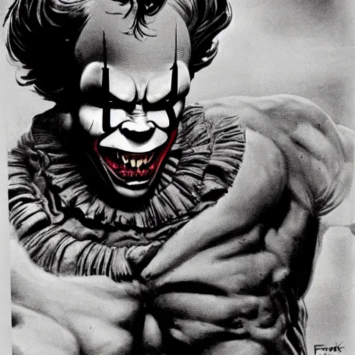 Image similar to frank frazetta the hulk as pennywise, whole body shot, 8 k, realistic, photo real, smooth, sharp, intricate detail, hyper detail, dramatic lighting, dramatic shading