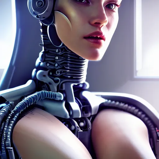 Image similar to Perfectly-Centered Portrait-Photograph of Mechanical Cyberpunk Female Android, upper torso, upper body, intricate, elegant, super highly detailed, professional digital painting, artstation, concept art, smooth, sharp focus, no blur, no dof, extreme illustration, Unreal Engine 5, Photorealism, HD quality, 8k resolution, cinema 4d, 3D, beautiful, cinematic, art by artgerm and greg rutkowski and alphonse mucha and loish and WLOP