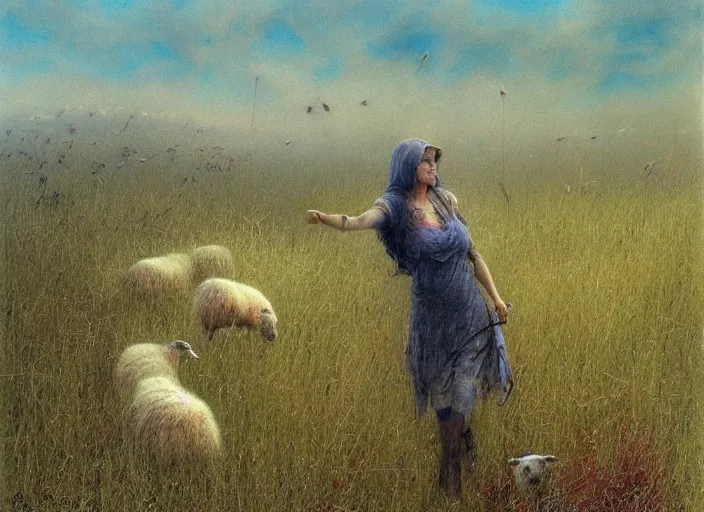 Prompt: shepherdess grazes sheep on a green meadow by Luis Royo and Beksinski