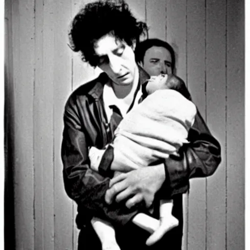 Image similar to bob dylan cradling the eraserhead baby like a baby, photograph, 1 9 6 5