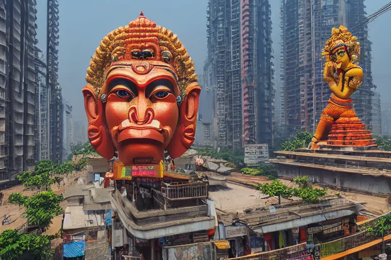 Image similar to high quality 3 d cyberpunk biomorphic hanuman head building in the middle of mumbai!!, kalighat highly detailed, cinematic smooth, stephen shore & john j. park, soft morning light, wide shot, high angle, uhd 8 k, deep focus