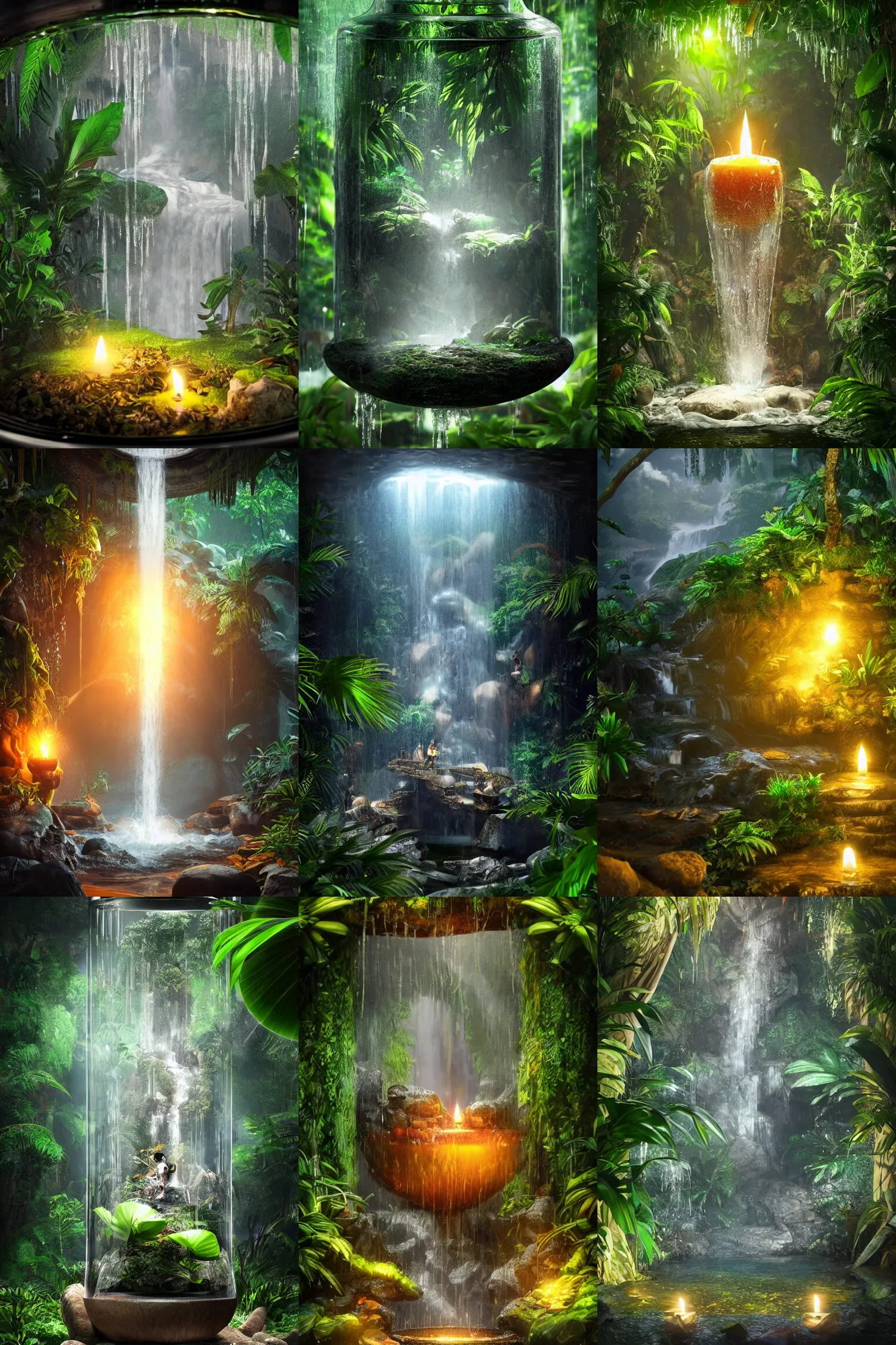 Prompt: jungle waterfall inside a glass jar, lightning, intricate detail, volumetric lighting, epic composition, hyper detailed, ultra realistic, sharp focus, octane render, candle, volumetric, ray tracing, artstation trending, cgsociety, sense of awe, swirling mist