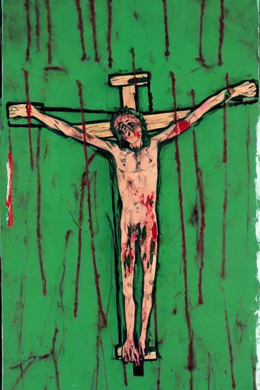 Image similar to green background with bloody christ crucified painted by cy twombly and andy warhol