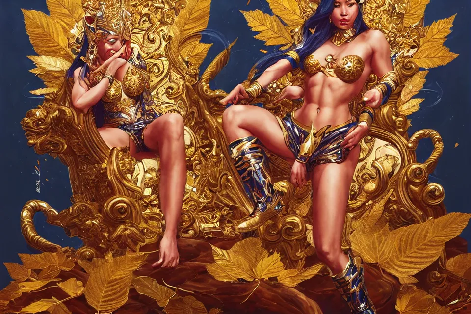 Image similar to painting of a beatiful tiger - woman on a throne, throne is spangled with gold and leaves, majestic, powerfull, by james jean and by artgerm, ultradetailed, realistic, oil painting, trending on artstation, 4 k