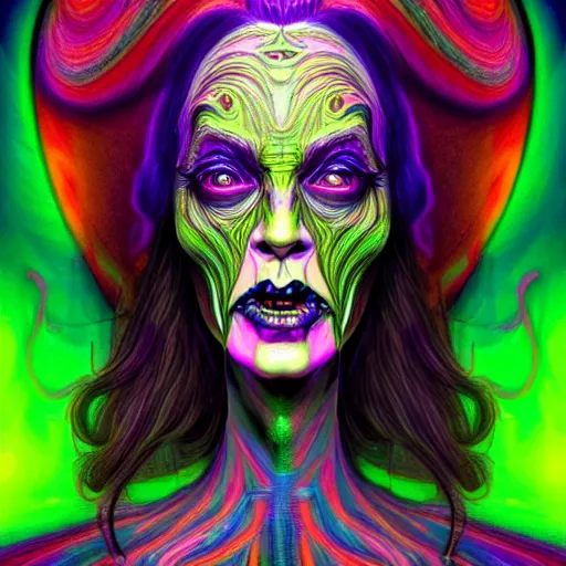 Image similar to An extremely psychedelic portrait of the Wicked Witch, surreal, LSD, face, detailed, intricate, elegant, lithe, highly detailed, digital painting, artstation, concept art, smooth, sharp focus, illustration