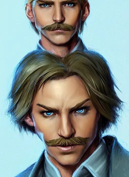 Prompt: young man with short light blonde combover hair and moustache, dndbeyond, bright, colourful, realistic, dnd character portrait, full body, pathfinder, pinterest, art by ralph horsley, dnd, rpg, lotr game design fanart by concept art, behance hd, artstation, deviantart, hdr render in unreal engine 5