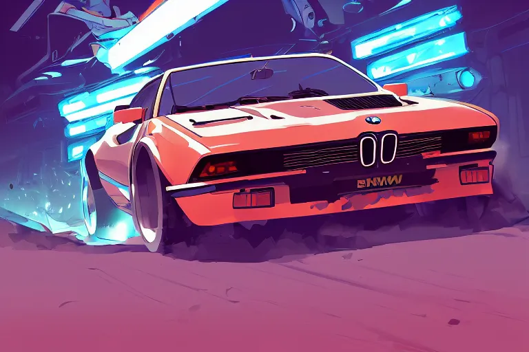 Prompt: digital illustration of bmw m 1 by makoto shinkai, ilya kuvshinov, lois van baarle, rossdraws, basquiat | afrofuturism, in the style of hearthstone, trending on artstation | cool color scheme