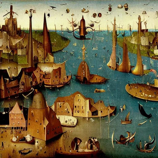 Image similar to Stunning and highly detailed painting of Port Rhu by Hieronymus Bosch