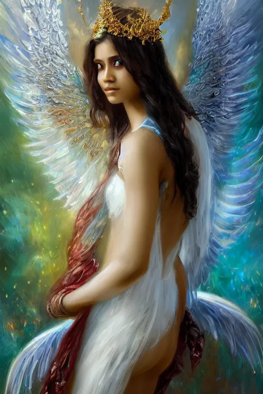 Prompt: Sri lankan girl as a winged angel covered in eyes with glowing halo, iridescent, seraphim, fantasy, intricate, elegant, highly detailed, digital painting, smooth, sharp focus, illustration,art by Daniel F. Gerhartz