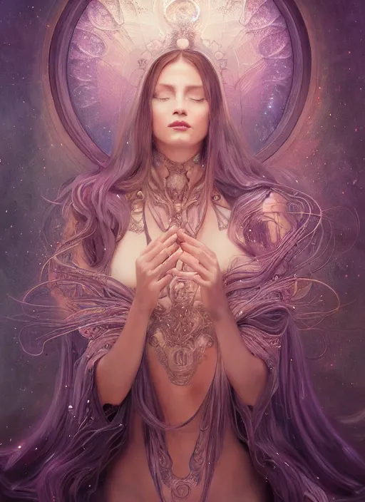 Image similar to a photographic portrait of a esoteric goddess created out of starlight and mist, cinematic, volumetric lighting, beautiful fantasy, intricate, elegant, highly detailed, digital painting, artstation, concept art, smooth, sharp focus, illustration, art by ayami kojima, artgerm and h r giger and alphonse mucha
