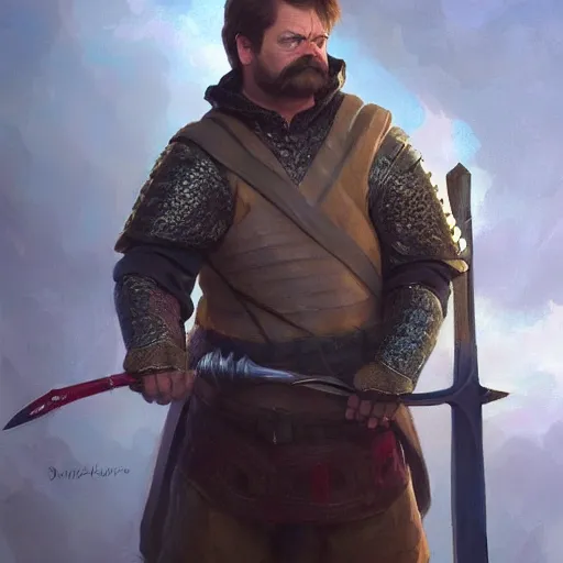 Prompt: ron swanson in medieval plate armor holding a greatsword standing on top of piles of slain enemy footsoldiers, epic fanart, volumetric lighting, oil painting, highly detailed, wide view, sharp focus, painting by daniel gerhartz, alphonse murac, detailed art, artstation