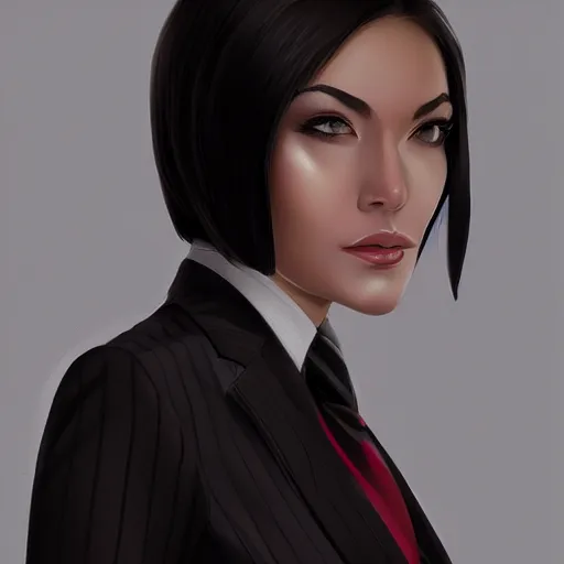 Prompt: a digital painting of a woman in a suit, a character portrait by artgerm, trending on artstation, fantasy art, ilya kuvshinov, artstation hd, artstation hq