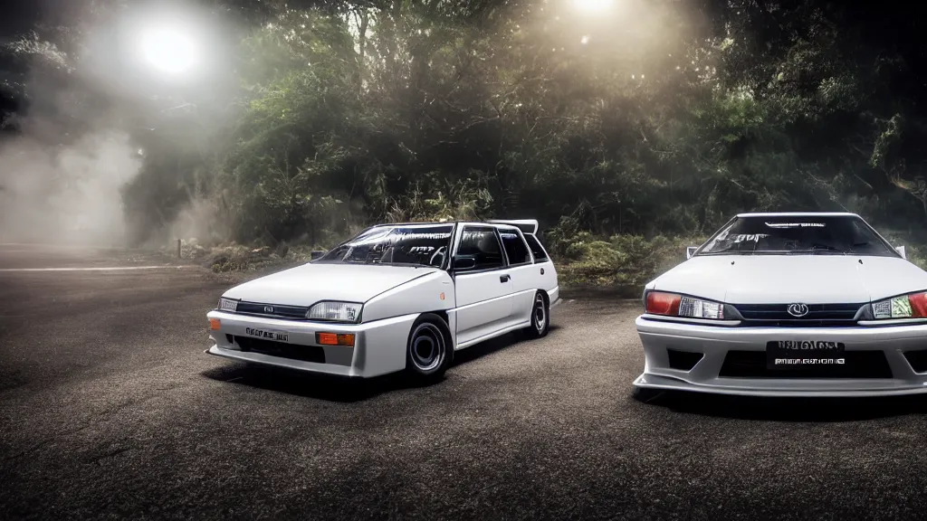 Prompt: toyota sprinter trueno 3 door gt - apex with pop - up headlights, cinematic, nikon d 7 5 0, long exposure, white balance, 8 k, led, lumen global illumination, fog, ray tracing reflections, fxaa, rtx, post - production