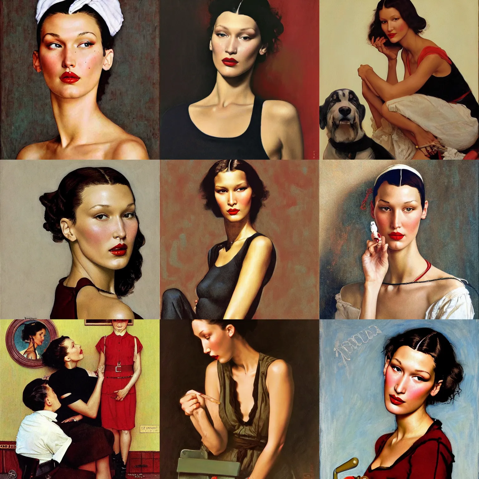 Prompt: Bella Hadid painted by Norman Rockwell