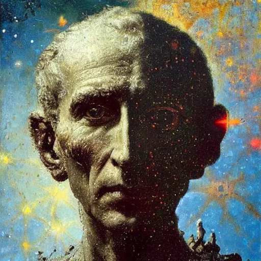 Image similar to a sculpture portrait made of stars and dust and molecules and atoms, painting part by wojciech siudmak, part by ilya repin, part by max ernst, part by norman rockwell, artstation