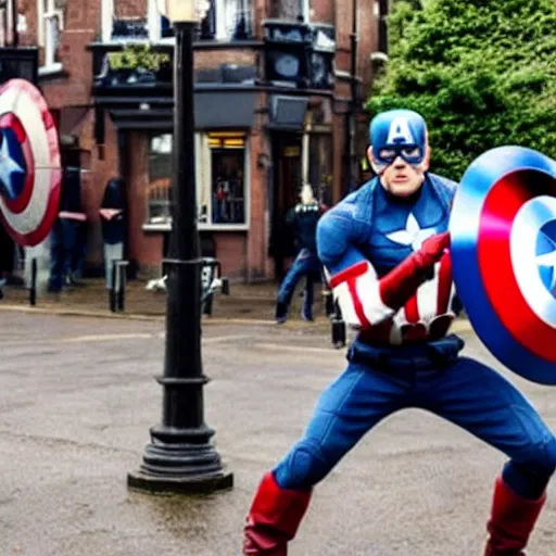 Image similar to photo of captain america fighting the edl in a british pub