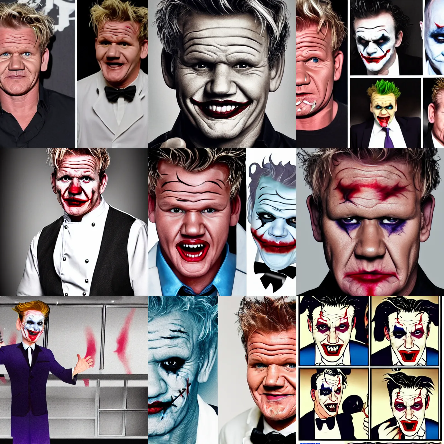 Prompt: Gordon Ramsay, joker makeup, shouting at the camera