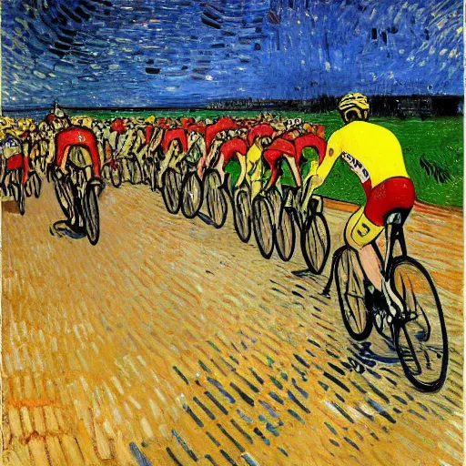 Prompt: jonas vingegaard on his bike in tour de france art by van gogh.