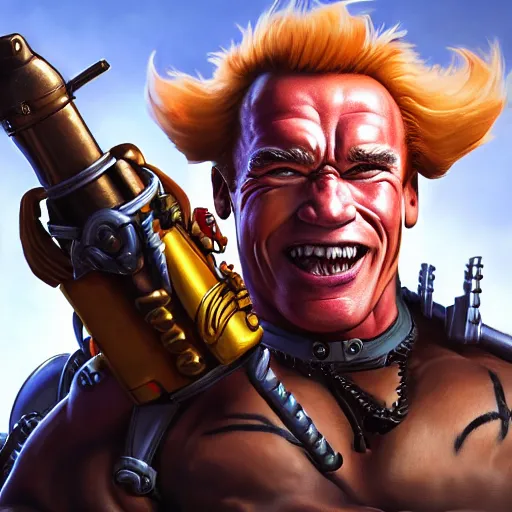 Image similar to a screenshot of arnold schwarzenegger as junkrat in overwatch holding bomb, portrait, fantasy, beautiful face, vivid colors, elegant, concept art, sharp focus, digital art, hyper - realistic, 4 k, unreal engine, highly detailed, hd, dramatic lighting by brom, trending on artstation