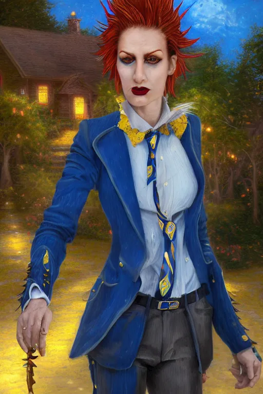 Prompt: portrait of a beautiful androgynous actress with long messy spiked red hair, golden eyes, dark skin, and tufted elf ears and dressed in a blue men's suit with a yellow tie by Julie Bell, with a cottage by Thomas Kinkade in the background, artstation, cinematic lighting