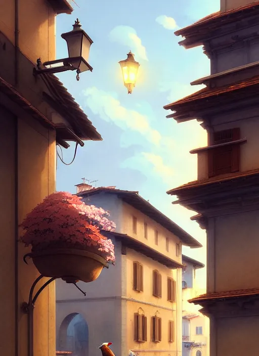 Image similar to florence italy in 1 8 2 0, a nightingale bird sits on a lamp - post at dawn, flowers in window boxes, finely detailed perfect art, gapmoe yandere grimdark, trending on pixiv fanbox, painted by greg rutkowski makoto shinkai takashi takeuchi studio ghibli