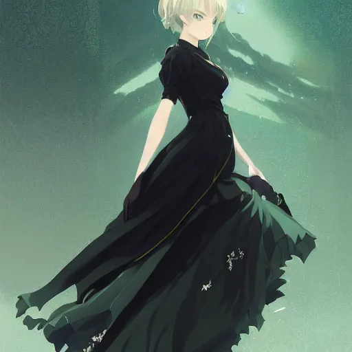 Image similar to victorique de blois anime girl gosick super detailed green eyes green eyes green eyes green eyes black dress black dress black dress black dress blonde hair by greg rutkowski makoto shinkai aramaki shinji artgerm, cushart krenz key art feminine award winning