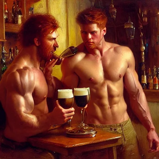 Prompt: attractive muscular mike with ginger hair with muscular attractive tyler with brunet hair, drinking their hearts out, in a pub. very defined and highly detailed painting by gaston bussiere, craig mullins, j. c. leyendecker 8 k