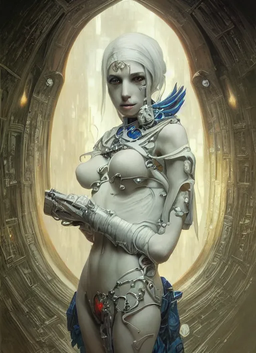 Image similar to portrait of beautiful pale gothic maiden, warhammer 40000, cyberpunk, intricate, elegant, highly detailed, digital painting, artstation, concept art, smooth, sharp focus, illustration, art by artgerm and greg rutkowski and alphonse mucha and Gustav Klimt and Ilya Kuvshinov