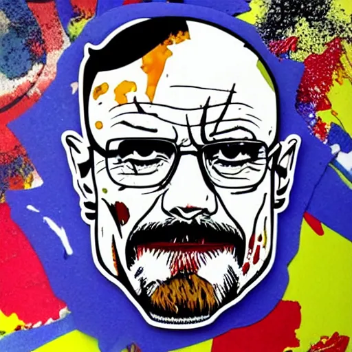 Image similar to die cut sticker, walter white wearing the joker outfit, splatter paint