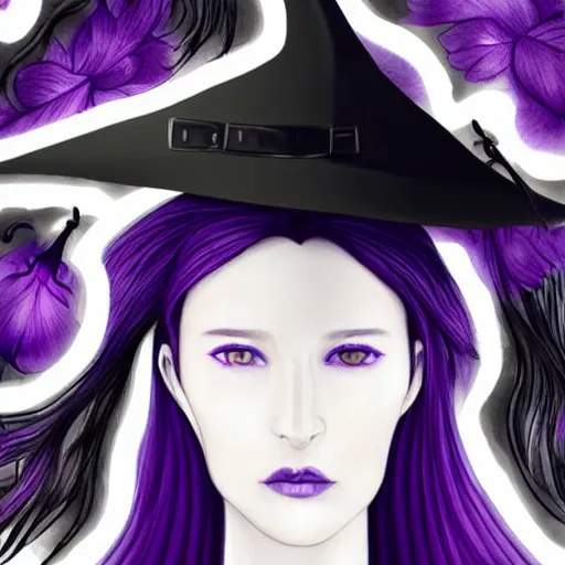 Image similar to a digital copic maker portrait of a beautiful witch with long purple hair, black witch hat, haunting purple irises, detailed features, by balenciaga and issey miyake by ichiro tanida and mitsuo katsui