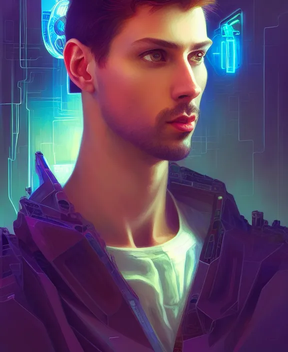 Image similar to a whirlwind inside the metaverse, guy, male, man, hologram, half body, neurochip, android, cyborg, cyberpunk face, by loish, d & d, fantasy, intricate, elegant, highly detailed, colorful, digital painting, artstation, concept art, art by artgerm and greg rutkowski and alphonse mucha