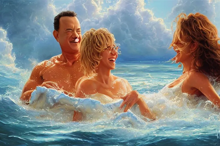 Image similar to tom hanks swimming in lasagna, meg ryan life guard, an oil painting by ross tran and thomas kincade