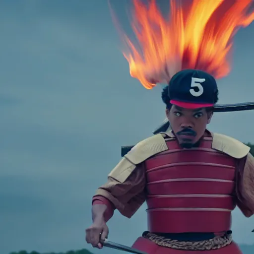 Image similar to cinematic film still of Chance The Rapper starring as a Samurai holding fire, Japanese CGI, VFX, 2022, 40mm lens, shallow depth of field, film photography