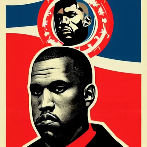 Image similar to Russian Propaganda Soviet screen-print shepard fairey illustrated poster of Kanye West as President standing in front of a USA America flag