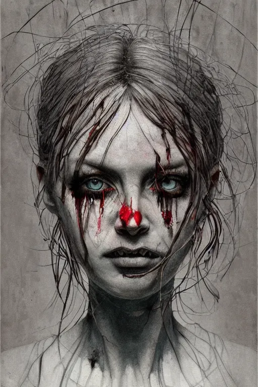 Image similar to watercolor cartoon grunge portrait of a creepy horror nurse girl . intricate abstract. intricate artwork. nightmare fuel. terrifying. by zdzisław Beksiński, wlop, dan mumford , trending on artstation, greg rutkowski very coherent symmetrical artwork. cinematic, hyper realism, high detail, octane render, 8k