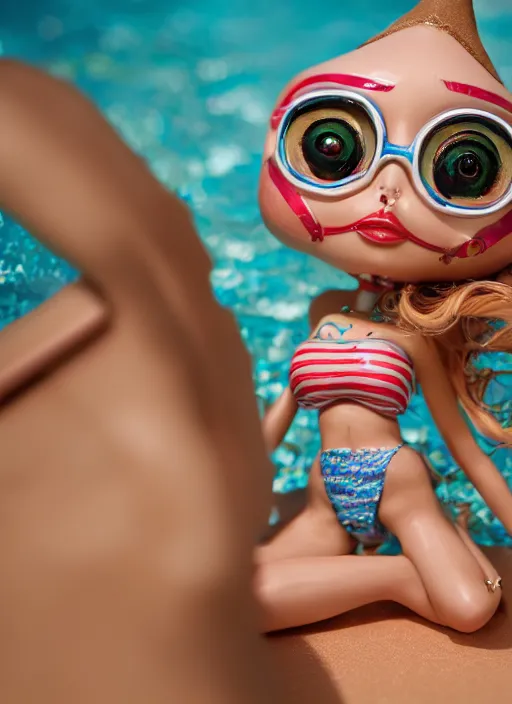 Image similar to closeup portrait of tin toy eskomo bikini swim champ girl trap, depth of field, zeiss lens, detailed, symmetrical, centered, fashion photoshoot, by nicoletta ceccoli, mark ryden, lostfish, breathtaking, 8 k resolution, extremely detailed, beautiful, establishing shot, artistic, hyperrealistic, octane render