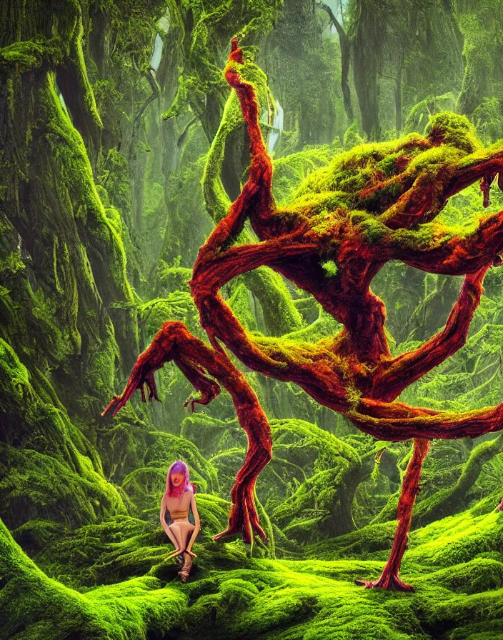 Prompt: Alien thinking with long limbs and fingers sitting on the edge of a celestial forest of another planet, colorful moss covering ground, in the style of 1970s sci fi art, vibrant colors, surreal, high detail, 8k